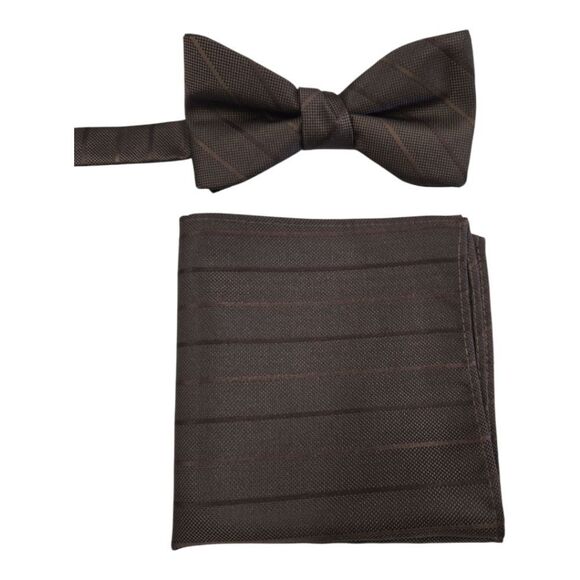 MEN'S LARR BRIO SIMPLY SOLID CHOCOLATE THIN STRIPE BOW TIE & POCKET SQUARE SET. - Picture 2 of 3